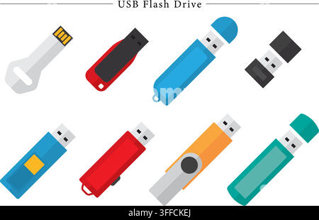 USB flash drive vector set featuring colorful portable memory sticks, swivel thumb drives, key-shaped drive, and electronic storage devices. Stock Vector