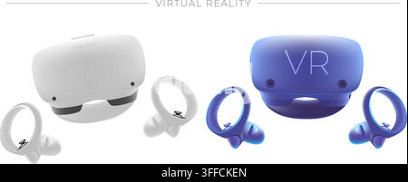 Virtual reality headset vector set featuring 3D realistic white and blue VR goggles with motion controllers for immersive gaming tech. Stock Vector