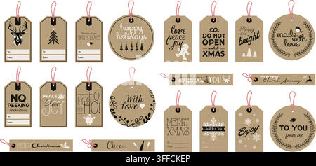 Christmas gift tags vector set featuring kraft paper labels, reindeer, snowflakes, merry xmas quotes, red string ties, and printable holiday tags. Stock Vector