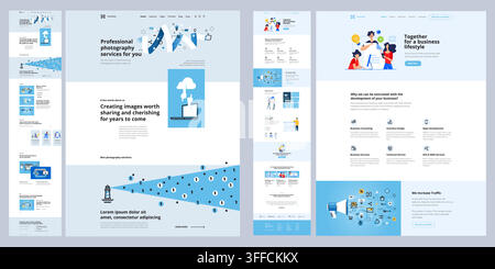 Modern business UI landing page vector set featuring photography website, cloud storage, lighthouse beam concept, and agency layouts. Stock Vector