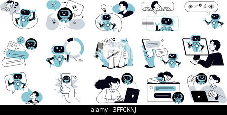 AI chatbot vector icon set featuring friendly artificial intelligence robots, human user interaction, virtual assistants, and chat messaging. Stock Vector