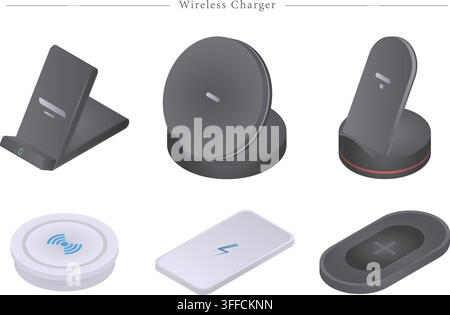 Wireless charger vector set featuring 3D isometric charging pads, stand docks, fast charging mats, and modern electronic device accessories. Stock Vector