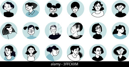 Diverse people avatar icon set featuring circular portraits, men and women profile heads, light blue circles, and line art character designs. Stock Vector