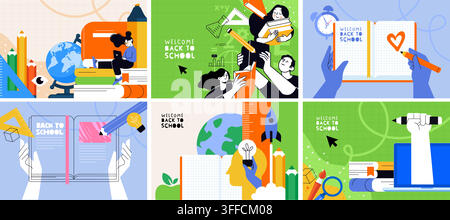 Welcome back to school illustration banner set featuring globe, pencils, open notebooks, students studying, rocket launch, and learning supplies. Stock Vector