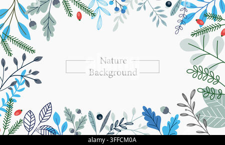 Nature background vector frame featuring winter botanical leaves, pine branches, berries, oak leaves, and central copy space text template. Stock Vector