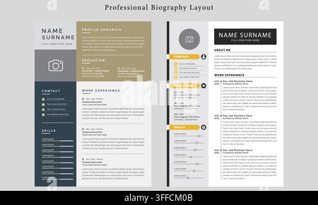 Professional biography CV resume template set featuring 2 modern layouts with photo placeholders, dark slate blue, taupe, and yellow accents. Stock Vector