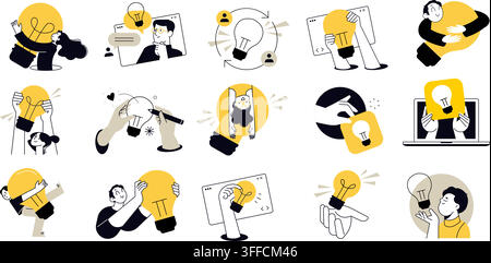 Creative idea vector icon set featuring people hugging light bulbs, brainstorming concepts, idea creation, laptop screen, and yellow line art. Stock Vector