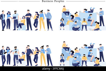 Business people vector character set featuring corporate team, office workers using laptops and smartphones, cowoworking space, and group illustration Stock Vector