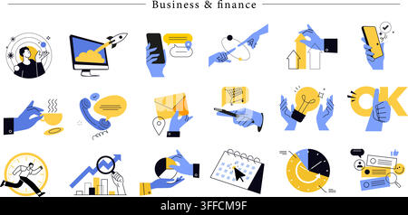 Business and finance vector icon set featuring rocket launch, smartphone chat, growth arrows, light bulb idea, pie chart, and calendar schedule. Stock Vector