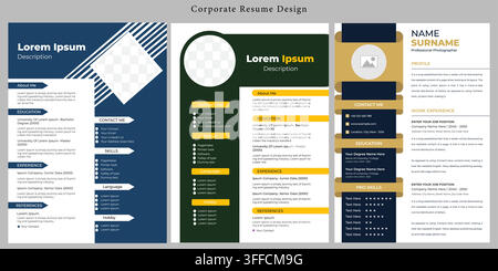Corporate resume CV template set featuring 3 modern layouts with photo placeholders, navy blue, forest green, and gold accent designs. Stock Vector