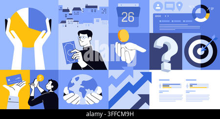 Business finance concept illustration grid featuring pie chart, money note, coin stack, target, growth arrows, credit card, and global market. Stock Vector