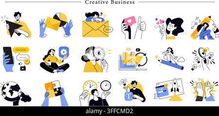 Creative business vector concept set featuring email marketing, social media feedback, magnifying glass analysis, clock, and rocket startup. Stock Vector
