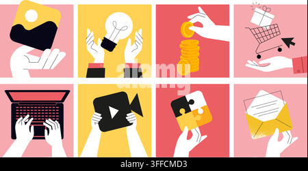 Business and marketing concept icon set featuring image placeholder, light bulb, coin stack, shopping cart, laptop typing, and video play icons. Stock Vector