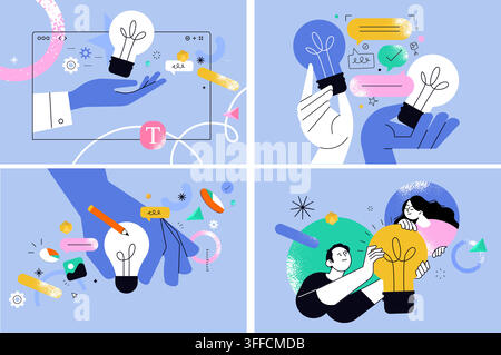 Idea generation illustration set featuring hands holding light bulbs, creative teamwork, design concepts, speech bubbles, and blue abstract shapes. Stock Vector