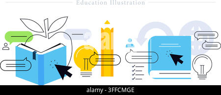 Education illustration vector banner featuring open textbook, apple outline, pencil, light bulb ideas, online learning, and speech bubbles concept. Stock Vector
