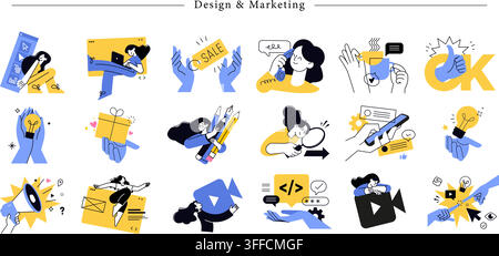 Design and marketing vector icon set featuring sale tag, megaphone promotion, light bulb idea, video camera, coding signs, and customer support. Stock Vector