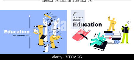 Education banner illustration set with learning hands holding pencils, book stack, reading student, and unlock potential education concept. Stock Vector
