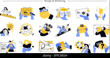 Design and marketing vector icon set featuring creative workspace, light bulb ideas, trophies, pie chart analytics, puzzle, and ui ux concepts. Stock Vector