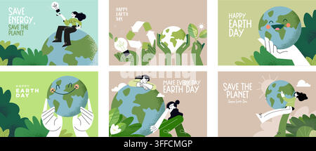 Earth Day vector illustration set featuring save energy concept, green planet, recycling sign, eco friendly hands holding globe, and nature care. Stock Vector