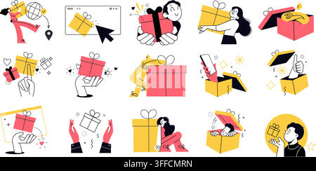 Gift box vector illustration set featuring online shopping, gift delivery, people giving presents, surprise unboxing, and discount reward concepts. Stock Vector