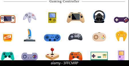 Gaming controllers vector set featuring vintage handheld consoles, modern gamepads, steering wheel, arcade joystick, and retro game cartridges. Stock Vector