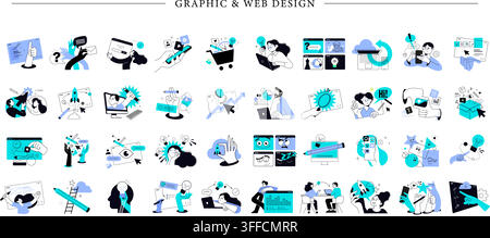 Graphic and web design vector icon set featuring ui ux design, creative workflow, rocket startup, laptop workspace, and digital marketing icons. Stock Vector