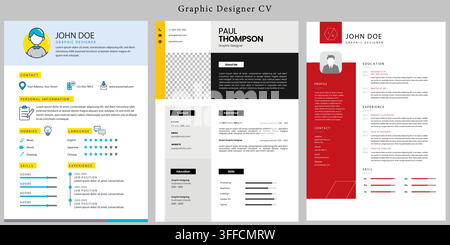 Graphic designer CV and resume template set featuring 3 professional layouts with avatar icon, photo placeholder, red, yellow, and black styling. Stock Vector