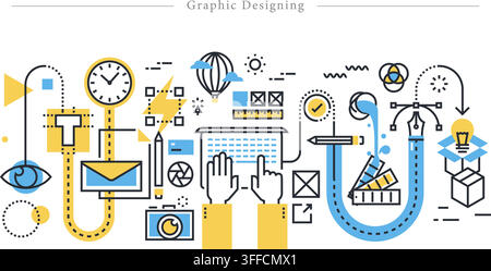 Graphic designing concept horizontal banner with line icons for pen tool, color palette, typography, photography, clock, and creative workflow. Stock Vector