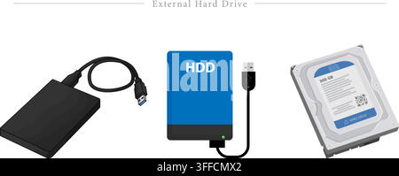External hard drive vector set featuring portable hard disk, usb cable connection, hdd drive, and internal sata hard drive isolated on white. Stock Vector