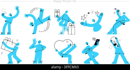 Happy people vector set featuring blue minimalist characters celebrating, carrying gifts, holding hearts, dancing, and sharing positive ideas. Stock Vector