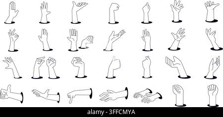 Hand gestures vector collection featuring open palm, fist, pointing finger, thumbs up, ok sign, and reaching arm icons in black line art style. Stock Vector