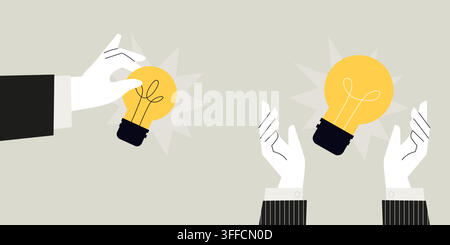 Minimalist vector illustration of business hands holding glowing light bulbs, representing creative idea generation, solution, and innovation. Stock Vector