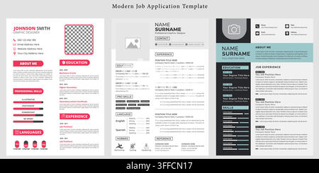 Modern job application resume template set featuring 3 unique layouts with photo placeholders, skill progress bars, and clean corporate styling. Stock Vector