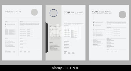 Minimalist resume and CV template set in gray and white with professional layout, profile image placeholder, and organized typography sections. Stock Vector