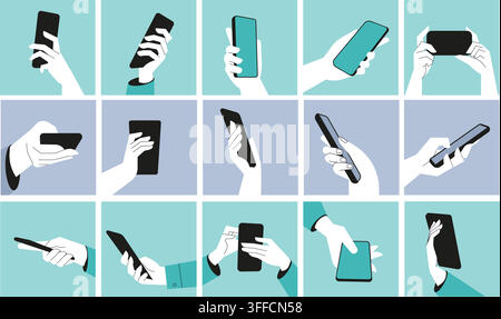 Hands holding smartphone vector set featuring various gestures, angles, scrolling, texting, and holding mobile phone icons in flat graphic style. Stock Vector