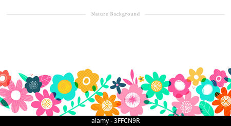 Colorful nature background banner illustration with playful hand drawn flowers, spring blooms, and botanical border on isolated white background. Stock Vector