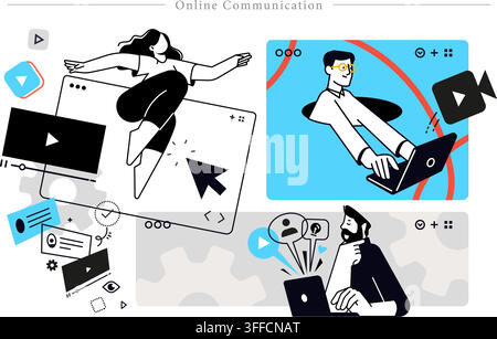 Online communication vector set with people working on laptops, video call windows, media players, and digital messaging conceptual illustrations. Stock Vector