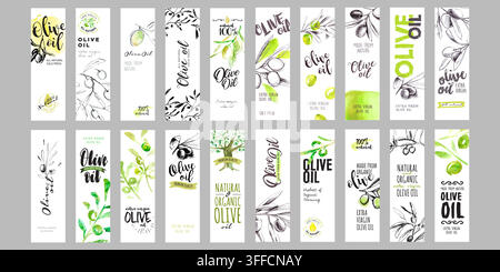 Hand drawn olive oil label banner template set with watercolor branch illustrations, olive tree sketches, and organic product lettering designs. Stock Vector