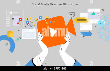 Vector illustration of hands holding a video camera symbol with social media reactions, emojis, chat bubbles, and post frames for digital content Stock Vector