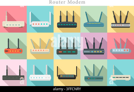Vector set of Wi-Fi router and modem icons with antennas in flat design style on colorful square backgrounds for internet, network, and hardware Stock Vector