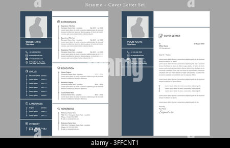 Professional dark blue resume CV template design with matching cover letter set layout for job application, modern corporate career document vector. Stock Vector
