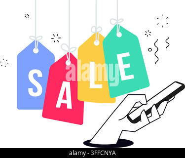 Vector illustration of hanging colorful sale tags with a hand holding a smartphone, representing mobile shopping, online discount, and promo offer. Stock Vector