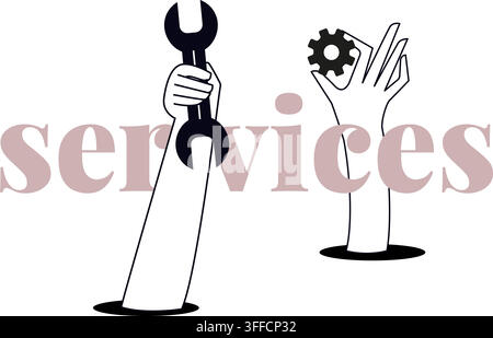 Services vector banner illustration featuring hands holding a wrench and a gear, technical maintenance, repair work, and engineering concepts. Stock Vector
