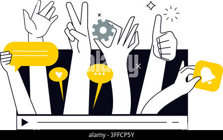 Social media engagement vector illustration set featuring hands, thumbs up, chat bubbles, notifications, comments, and communication elements. Stock Vector