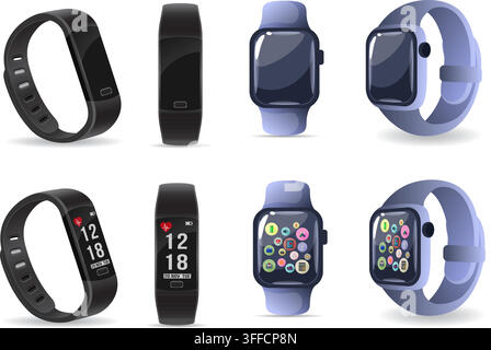 Smart watch and fitness tracker vector set featuring wearable technology, digital display, activity monitor, apps, and health tracking elements. Stock Vector