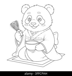 Cute traditional tea ceremony character Japanese matcha maker funny cute bear coloring page vector Stock Vector