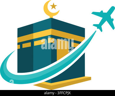 Icon of the kaaba in mecca with an airplane flying around for hajj and umrah travel agency concept Stock Vector