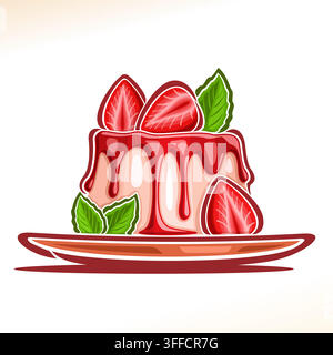 Vector logo for Panna Cotta, illustration of jelly confectionery for cafe menu, poster with fruit panna cotta on dish, pudding with cut strawberry and Stock Vector