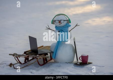 Snowman using laptop outside. Winter online shopping. Snowman programmer. Snowman browsing internet in snowy field. Funny snowman working on computer. Stock Photo