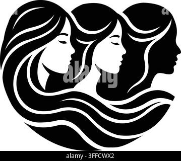 A minimalist black and white illustration featuring three elegant female profiles with flowing hair Stock Vector